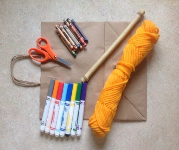 yarn, markers, scissors, craft supplies