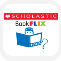 BookFlix logo blue computer with child