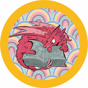 Drawing of dragon and carved book with colorful background