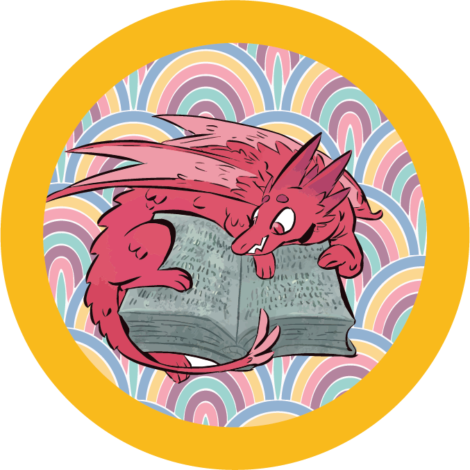 00 Pietsch 2025 Badge carved dragon Drawing of dragon and carved book with colorful background