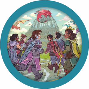 Teen characters on a quest, with a dragon on a mountain in the background